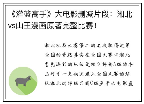 《灌篮高手》大电影删减片段：湘北vs山王漫画原著完整比赛！